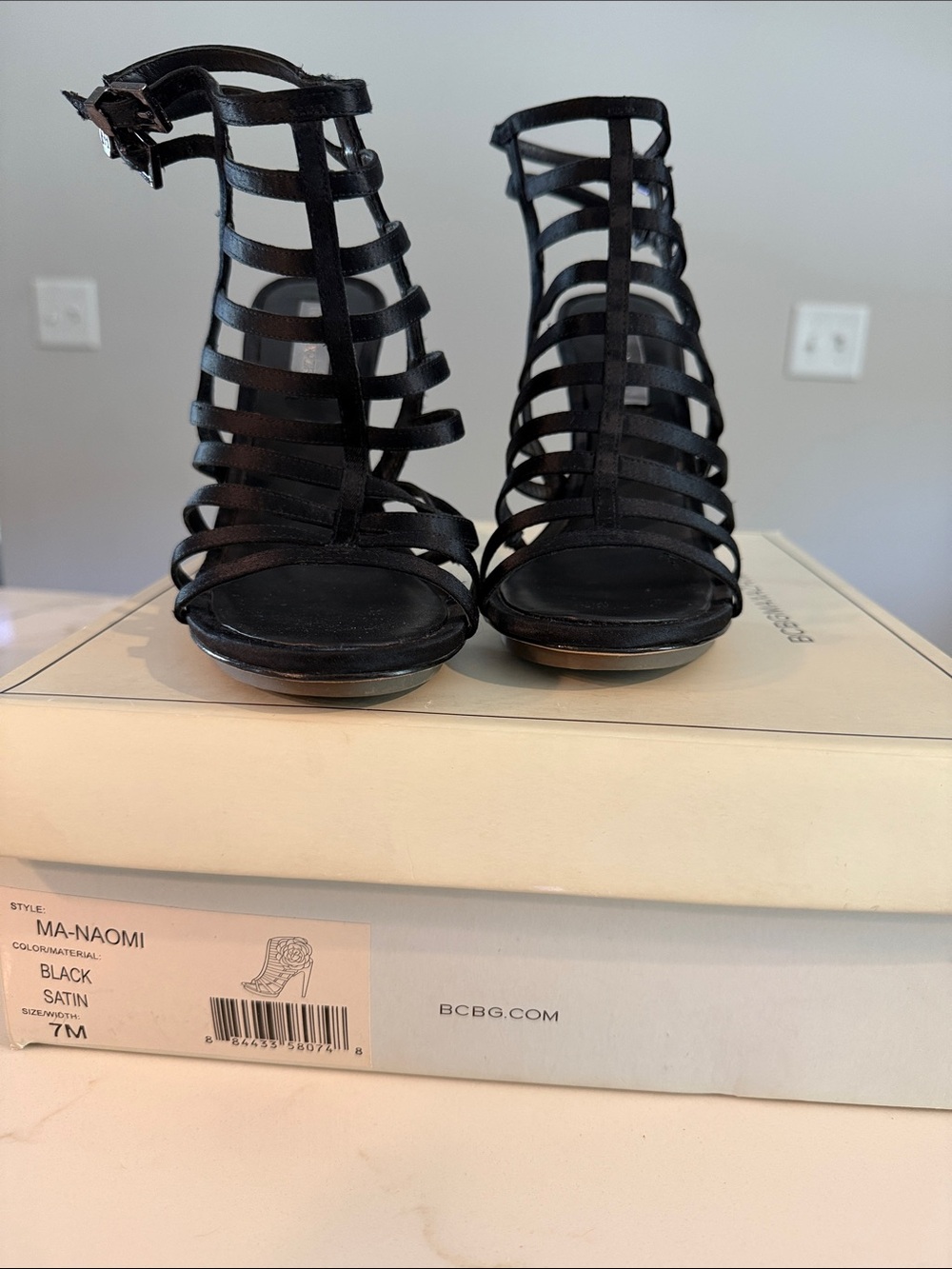 BCBG Black Strappy Gladiator Ankle-Heel Sandals. Great condition!